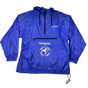Mens Vintage 90s Sony Handycam Size Large Blue Hooded Anorak Windbreaker Jacket